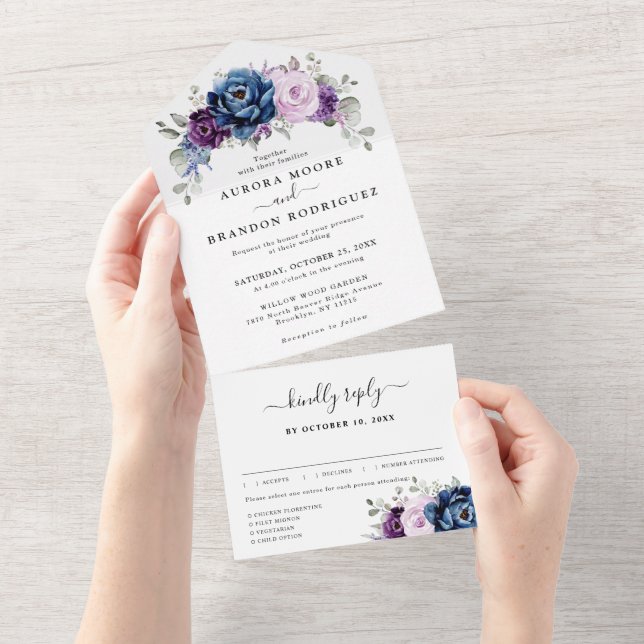 Invitación Todo En Uno Dusty Blue Purple Navy Lilac Blooms Boda (desgarro)