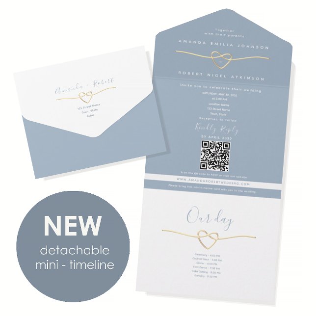 Invitación Todo En Uno Dusty Blue Rope Heart Timeline All In One Wedding  (Subido por el creador)