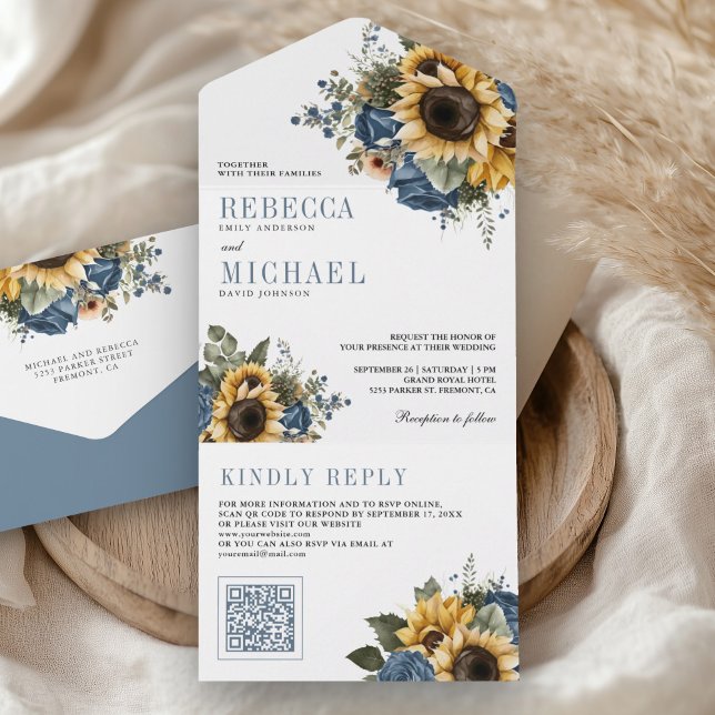 Invitación Todo En Uno Dusty Blue Roses Sunflowers QR Code Wedding (Subido por el creador)