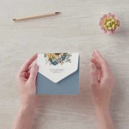 Invitación Todo En Uno Dusty Blue Roses Sunflowers QR Code Wedding