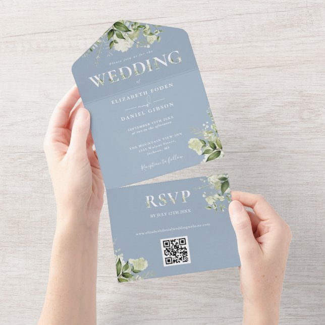 Invitación Todo En Uno Dusty Blue Rustic Greenerenery QR Code Boda (desgarro)