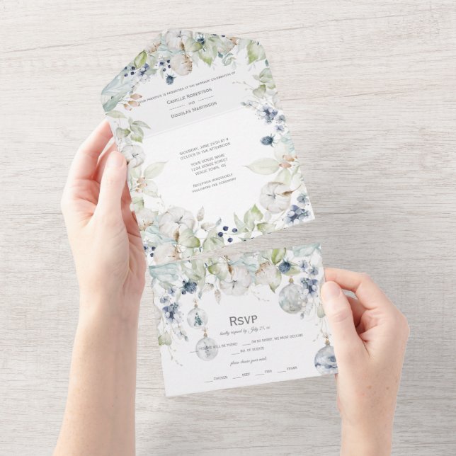 Invitación Todo En Uno Dusty Blue Sage Green Winter Floral Boda (desgarro)