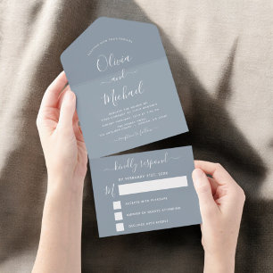 Invitación Todo En Uno Dusty Blue Simple Boda Typografía moderna RSVP