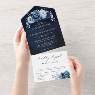 Invitación Todo En Uno Dusty Blue Slate Navy Boda Botánico Floral Todo