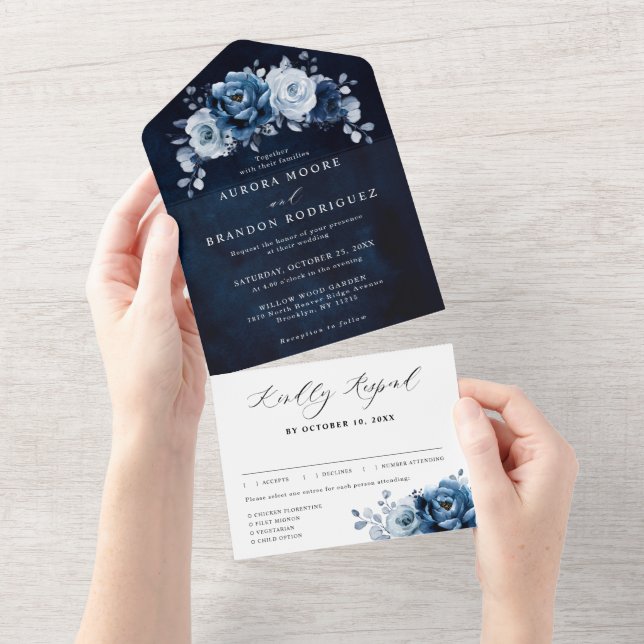 Invitación Todo En Uno Dusty Blue Slate Navy Boda Botánico Floral Todo (desgarro)