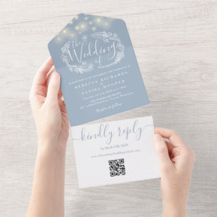 Invitación Todo En Uno Dusty Blue String Lights QR Code Boda