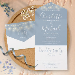 Invitación Todo En Uno Dusty Blue String Luces Elegante Boda Script