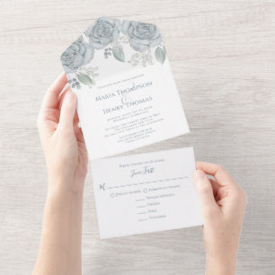 Invitación Todo En Uno Dusty Blue Watercolor Floral RSVP Comida Elección