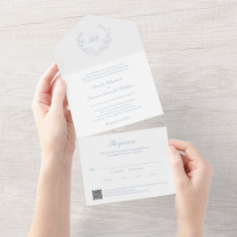 Invitación Todo En Uno Dusty Blue Wreath Monograma QR Código Boda Elegant