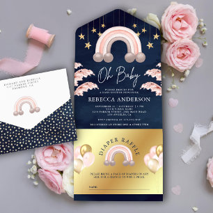 Invitación Todo En Uno Dusty Boho de oro rosado de la Marina Arcoiris Bab