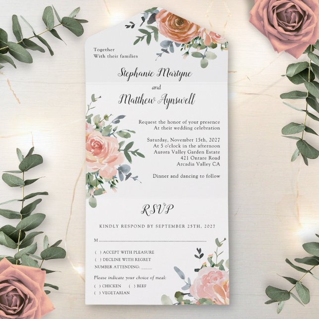 Invitación Todo En Uno Dusty Coral Eucalyptus Boda Botánico (Subido por el creador)