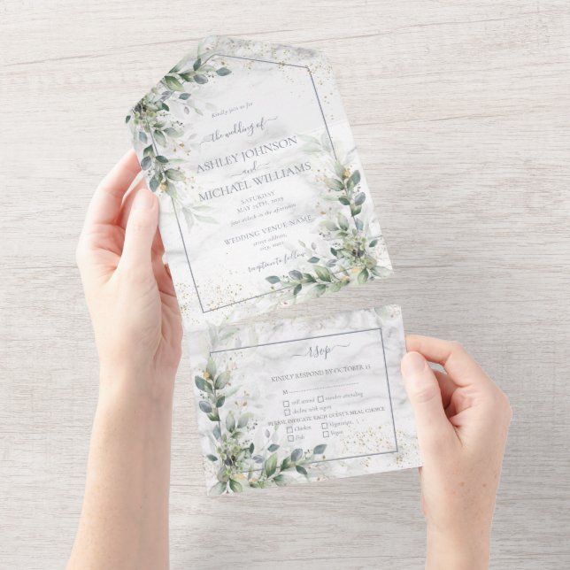 Invitación Todo En Uno Dusty Eucalyptus Botanical Gold Greeneration (desgarro)