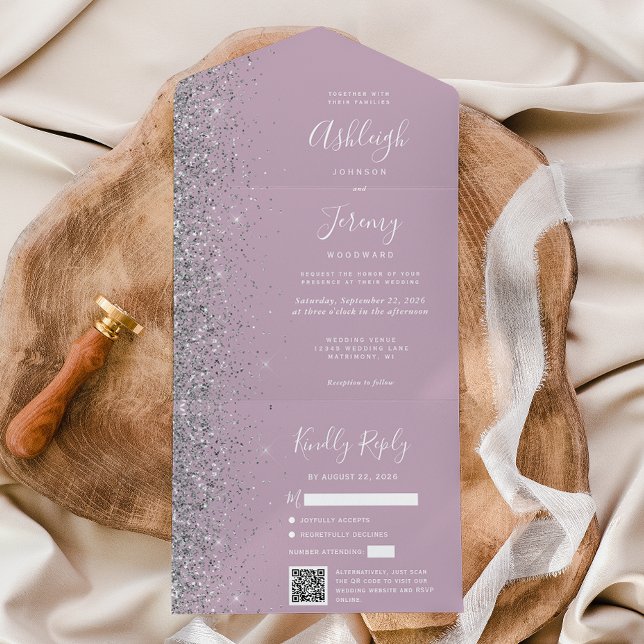 Invitación Todo En Uno Dusty Lilac Silver Glitter QR Code Wedding (Subido por el creador)