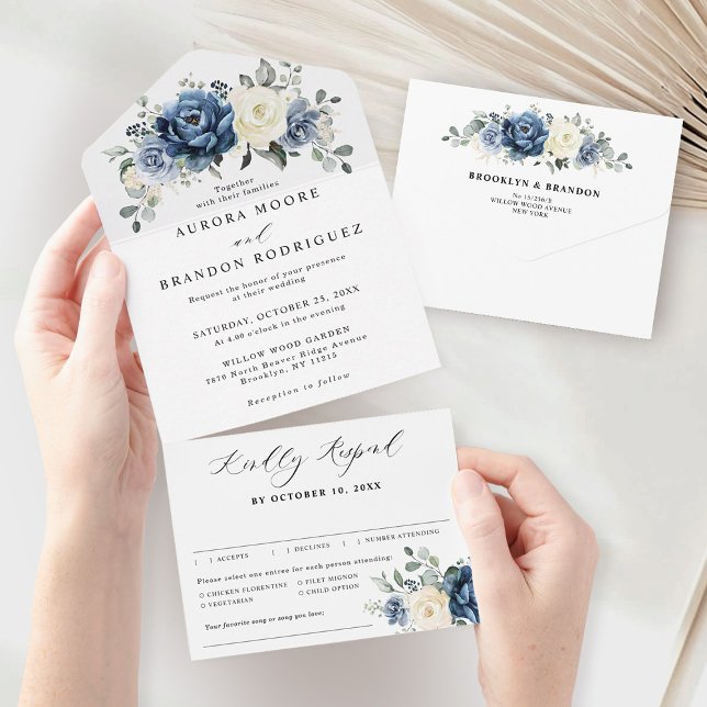 Invitación Todo En Uno Dusty Marina Azul Champagne Boda de marfil (Dusty Blue Navy Champagne Ivory Floral Wedding All In One Invitation)