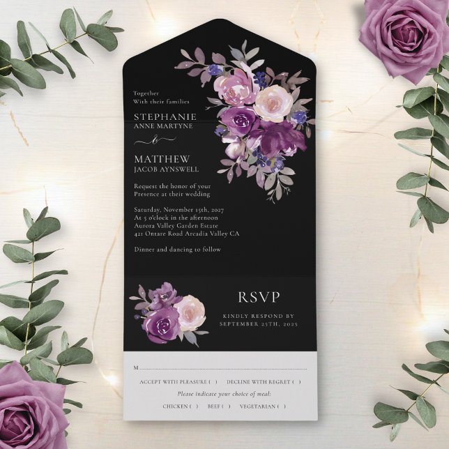 Invitación Todo En Uno Dusty Mauve Purple Blush Floral Wedding Black (Subido por el creador)