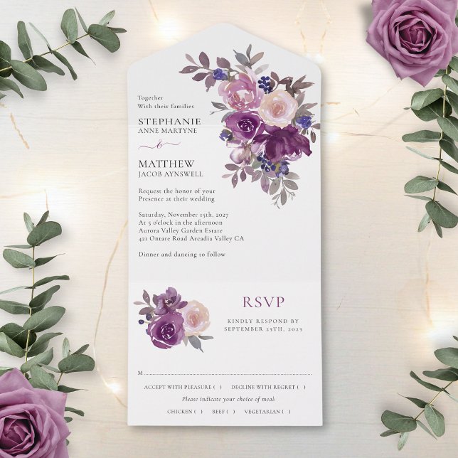 Invitación Todo En Uno Dusty Mauve Purple Rubor Boda Floral (Subido por el creador)