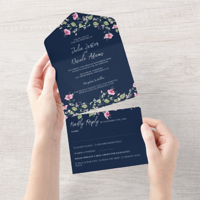 Invitación Todo En Uno Dusty Navy Blue Pink Hibiscus Bloom Shower (desgarro)