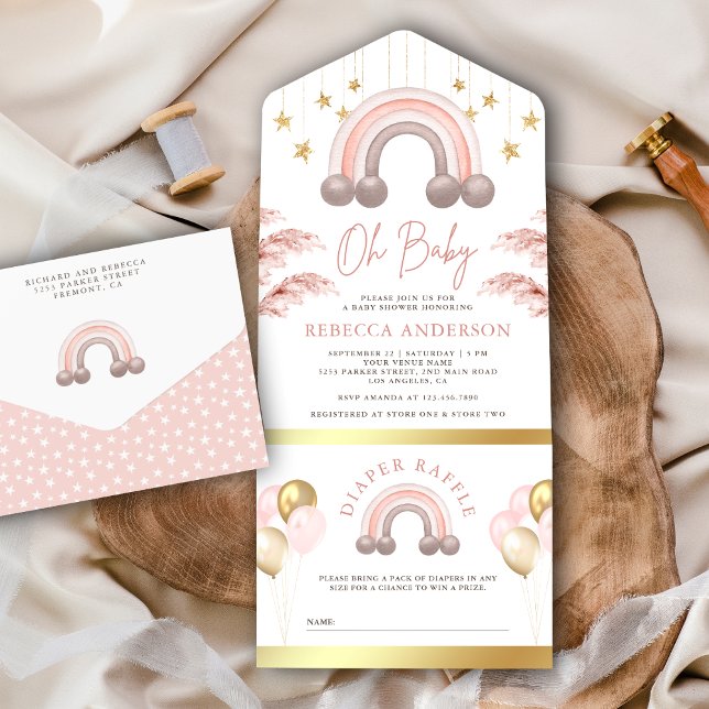 Invitación Todo En Uno Dusty Pampas Rosa Boho Chica arcoiris Baby Shower (Subido por el creador)