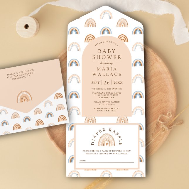 Invitación Todo En Uno Dusty Peach Arch Earthy Boho Rainbow Baby Shower (Subido por el creador)