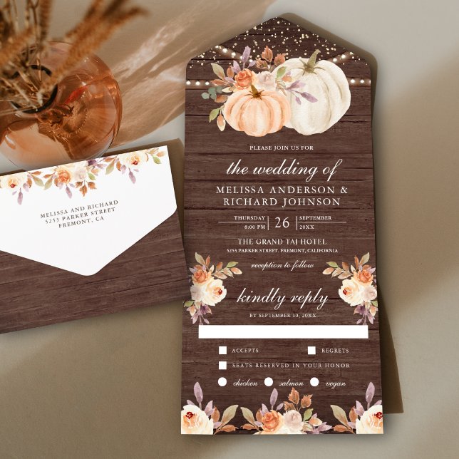Invitación Todo En Uno Dusty Peach Floral Pumpkin Barn Wood Boda (Subido por el creador)