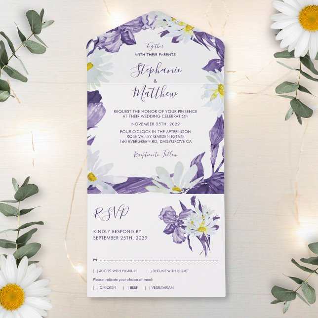 Invitación Todo En Uno Dusty Purple Iris White Daisy Boda Botánico (Subido por el creador)