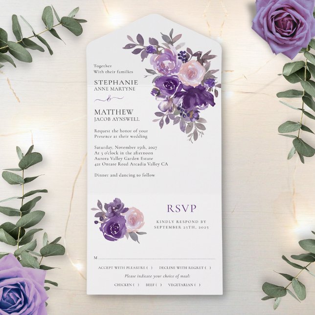 Invitación Todo En Uno Dusty Purple Rubor Floral Boda (Subido por el creador)