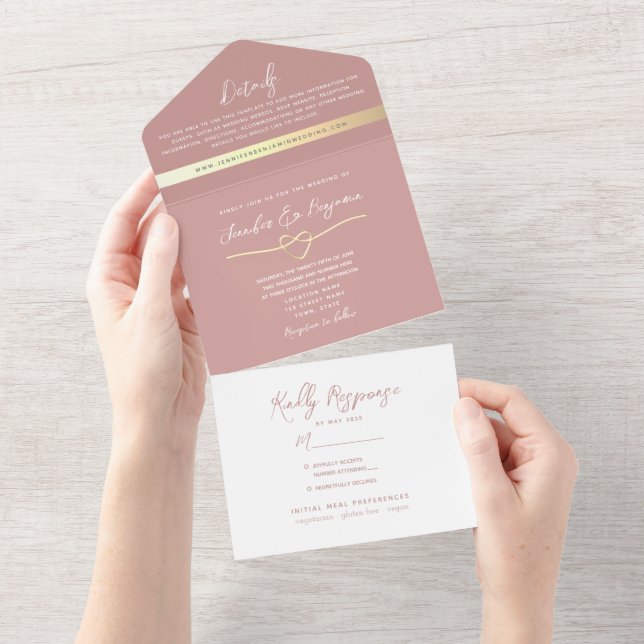 Invitación Todo En Uno Dusty Rosa Boda Minimalista (desgarro)
