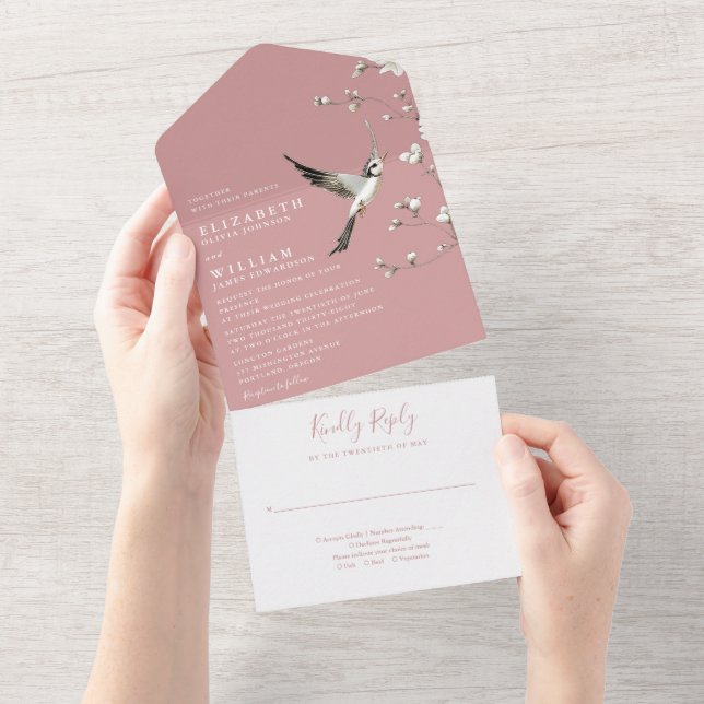 Invitación Todo En Uno Dusty Rosa Chinoiserie Floral Garden Wedding (desgarro)