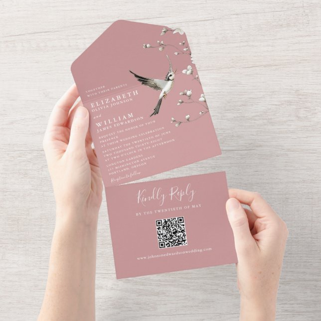 Invitación Todo En Uno Dusty Rosa Chinoiserie Floral QR Code Boda (desgarro)