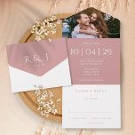 Invitación Todo En Uno Dusty Rosa Elegante Monograma Boda de fotografía F<br><div class="desc">Un elegante rosa polvoriento minimalista en una sola invitación con tu foto, fecha especial y detalles de boda enmarcados en una tipografía clásica de moda. La invitación incluye una tarjeta RSVP perforada que puede ser dirigida individualmente o dejada en blanco para que usted escriba a mano los detalles de la...</div>