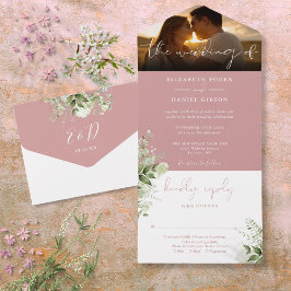 Invitación Todo En Uno Dusty Rosa Floral Greenery Boda Foto