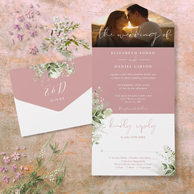 Invitación Todo En Uno Dusty Rosa Floral Greenery Boda Foto (Dusty Rose Floral Greenery Wedding Photo All In One Invitation)