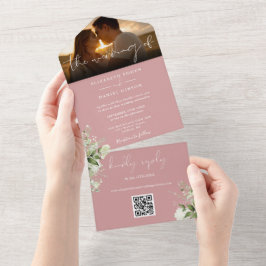 Invitación Todo En Uno Dusty Rosa Floral Verdor QR Código Boda Foto
