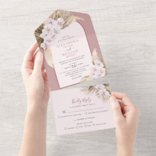 Invitación Todo En Uno Dusty Rosa Pampas Grass Orchids Boda tropical