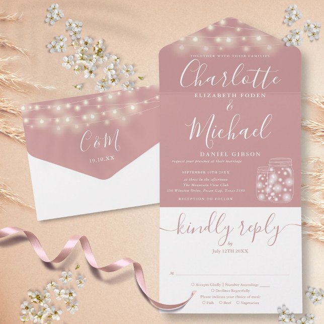 Invitación Todo En Uno Dusty Rosa String Lights Mason Jars Boda (Dusty Rose String Lights Mason Jars Wedding All In One Invitation)