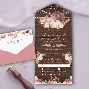 Invitación Todo En Uno Dusty Rose Rosa Calabaza Marfil Floral Madera Boda