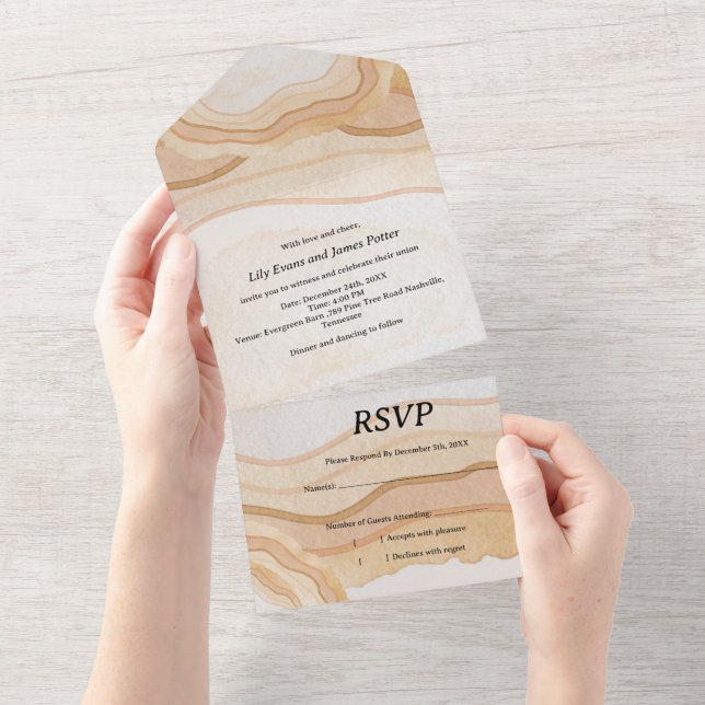 Invitación Todo En Uno Earthy Abstract Watercolor Agate Wedding (desgarro)