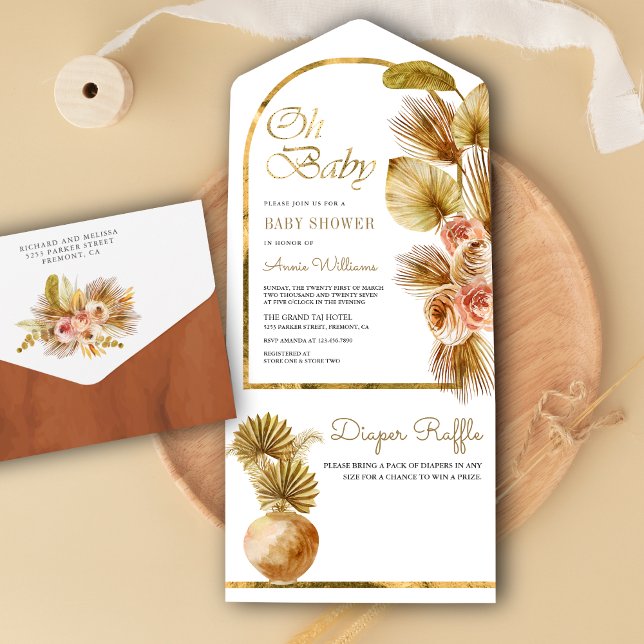 Invitación Todo En Uno Earthy Boho Floral Arch Dried Palm Baby Shower (Subido por el creador)