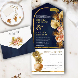 Invitación Todo En Uno Earthy Floral Arch Dried Palm Naval Boda Azul