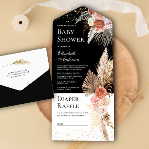 Invitación Todo En Uno Earthy Floral Boho Pampas Grass Black Baby Shower