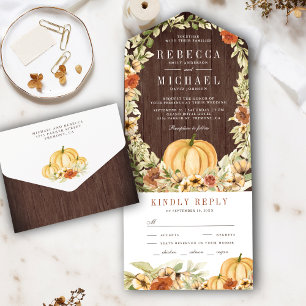 Invitación Todo En Uno Earthy Floral Botanical Pumpkin Barn Wood Boda