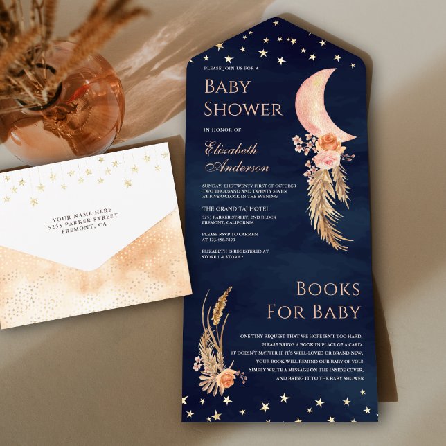 Invitación Todo En Uno Earthy Floral Crescent Moon Navy Baby Shower Azul (Subido por el creador)