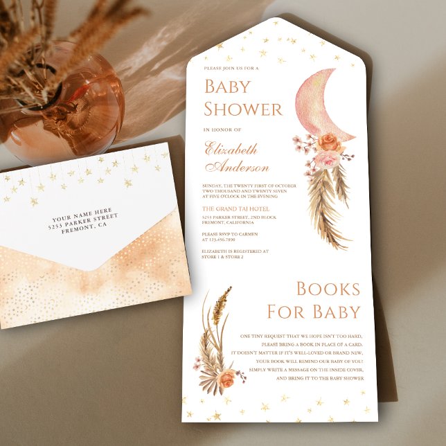 Invitación Todo En Uno Earthy Floral Pampas Crescent Moon Baby Shower (Subido por el creador)