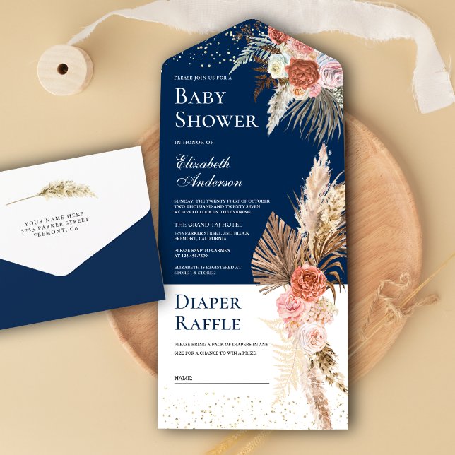 Invitación Todo En Uno Earthy Floral Pampas Naval Azul Baby Shower (Subido por el creador)