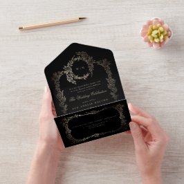Invitación Todo En Uno Ebony Black Gold Botanath Wreath Classic Boda