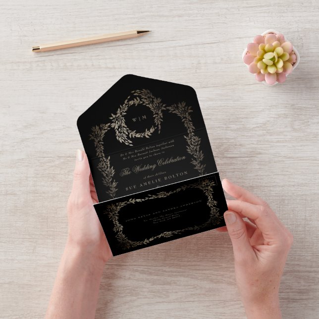 Invitación Todo En Uno Ebony Black Gold Botanath Wreath Classic Boda (Video)