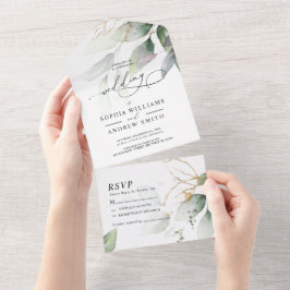 Invitación Todo En Uno Ecología verde y oro Boda de eucalipto todo en uno