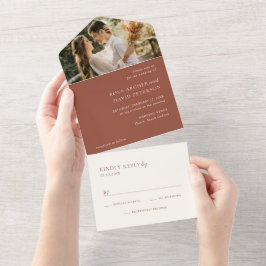 Invitación Todo En Uno Editorial de Fotos de Boda Modernas de Cobre Rústi