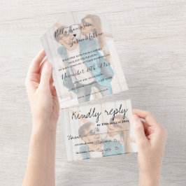 Invitación Todo En Uno Efecto Vellum falso Monograma Boda multifoto