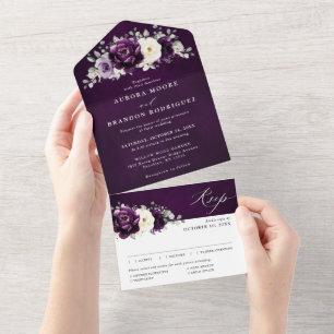 Invitación Todo En Uno Eggplant Purple Plum Marfil White Floral Boda Al